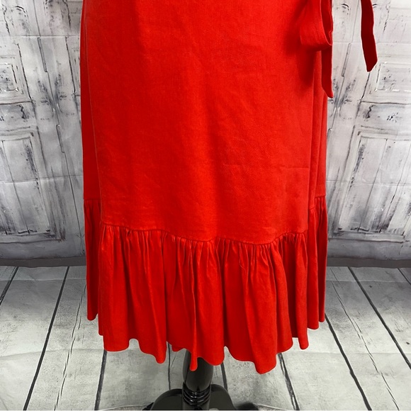 Antonio Melani Solid Red Linen Surplice V-Neck Short Puff Sleeve Wrap Tie Dress - Picture 4 of 15
